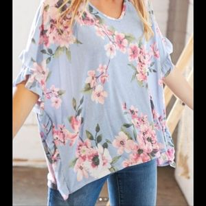 Dusty blue floral ruffle dolman v neck top